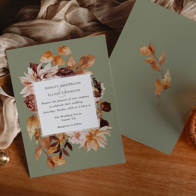 Convite Sage Green Modern outono elegância Autumn (Sage Green, Modern fall wedding invitations. Autumn elegance watercolor florals.)