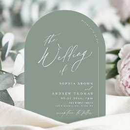 Convite Sage Green modern script minimalist arch wedding