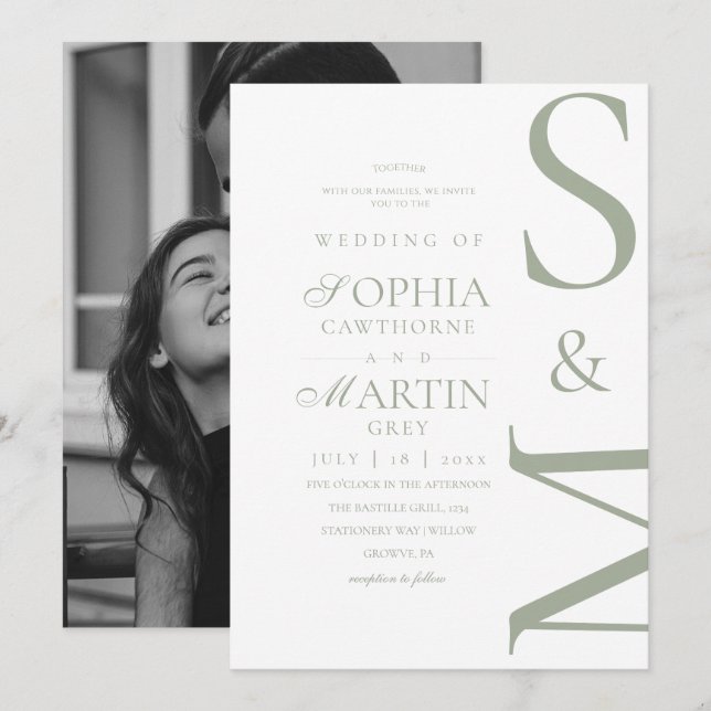 Convite Sage Green Modern Wedding Photo Invitation (Frente/Verso)