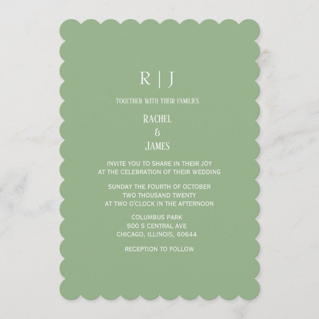 Convite Sage Green Monogram Initials Classy Simple Wedding (Frente)