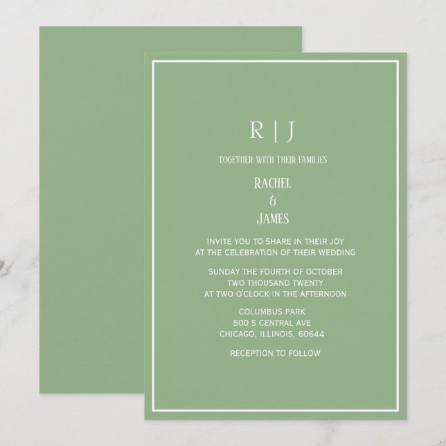 Convite Sage Green Monogram Initials Elegant Wedding (Frente/Verso)