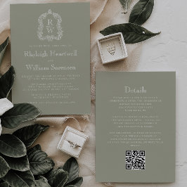 Convite Sage Green Monograma Crest Código QR Casamento