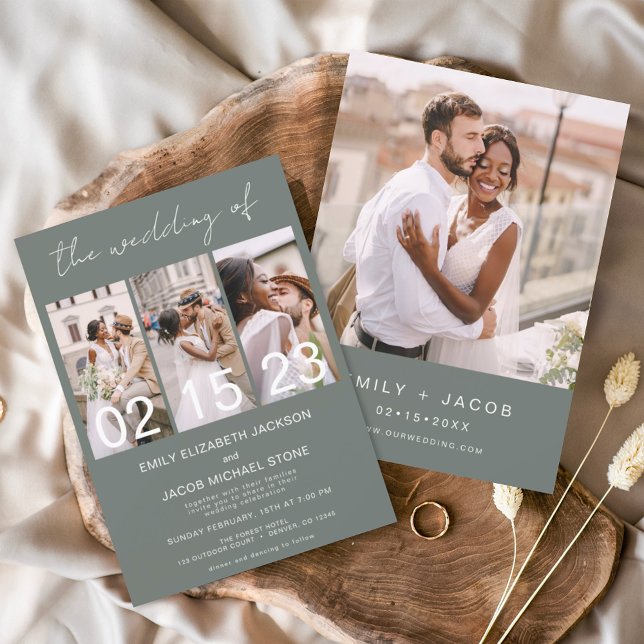 Convite Sage Green O Casamento da Colagem de Fotos Minimal (Criador carregado)