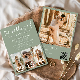 Convite Sage Green O Casamento do Código de QR Minimalista