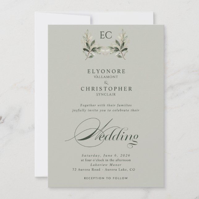 Convite Sage Green Olive Branch Monogram Photo Wedding (Frente)