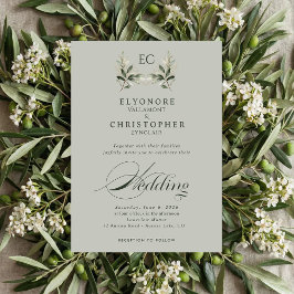 Convite Sage Green Olive Branch Monogram Photo Wedding
