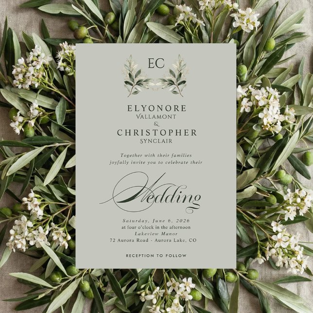 Convite Sage Green Olive Branch Monogram Photo Wedding (Criador carregado)