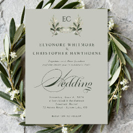 Convite Sage Green Olive Branch Monogram Photo Wedding