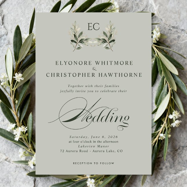 Convite Sage Green Olive Branch Monogram Photo Wedding (Criador carregado)