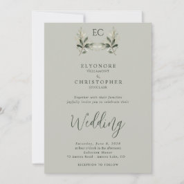 Convite Sage Green Olive Branch Monogram Photo Wedding