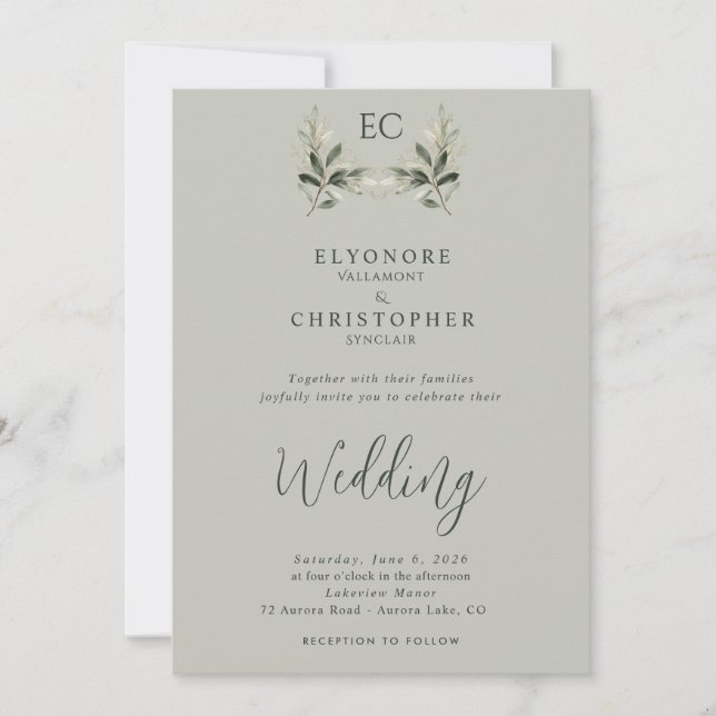 Convite Sage Green Olive Branch Monogram Photo Wedding (Frente)