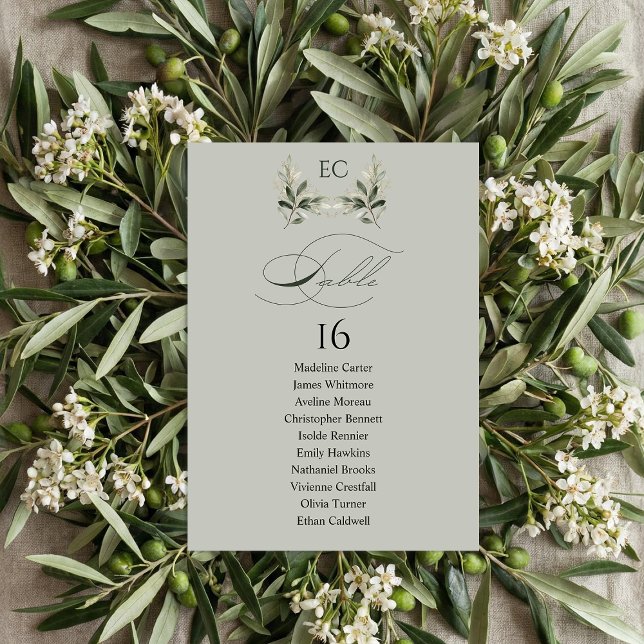 Convite Sage Green Olive Branch Monogram Table Number (Criador carregado)