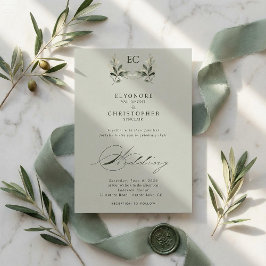 Convite Sage Green Olive Branch Monogram Wedding