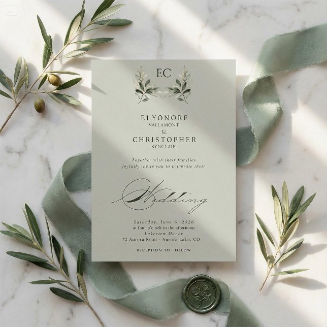 Convite Sage Green Olive Branch Monogram Wedding (Criador carregado)