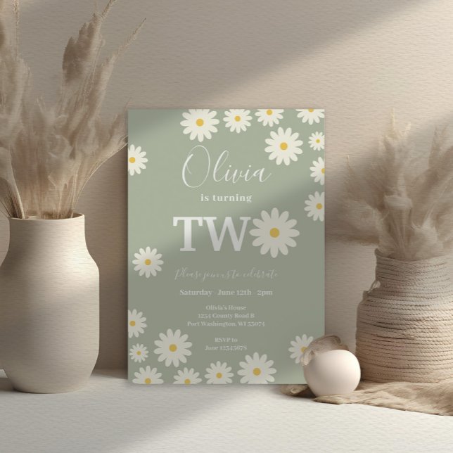 Convite Sage Green Olive Daisy - segundo aniversário Flora (Criador carregado)