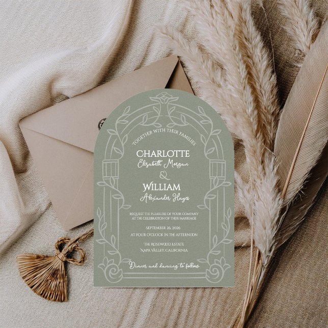 Convite Sage Green Ornate Arch Botanical Wedding (Sage Green Ornate Arch Botanical Wedding Invitation | Elegant Garden Estate Wedding Invite)