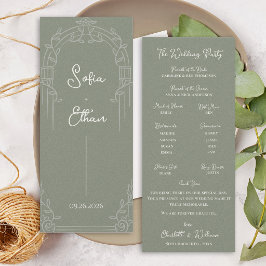 Convite Sage Green Ornate Arch Botanical Wedding Program