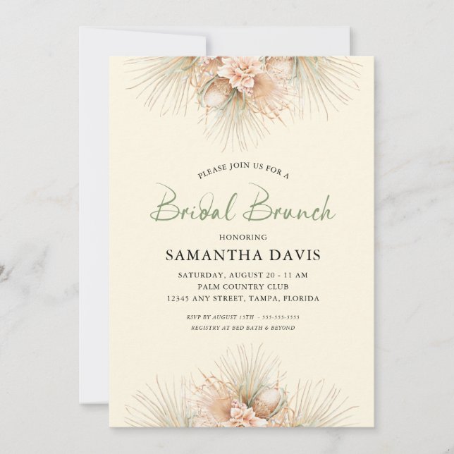 Convite Sage Green Palms Secas Boho Bridal Brunch (Frente)