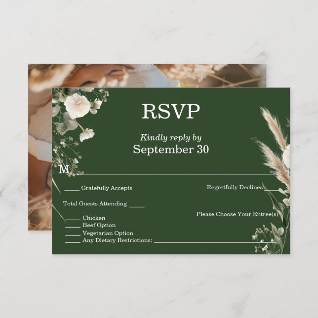 Convite Sage Green & Pampas Boho RSVP (Frente/Verso)