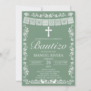 Convite Sage Green Papel Picado Bautizo Espanhol