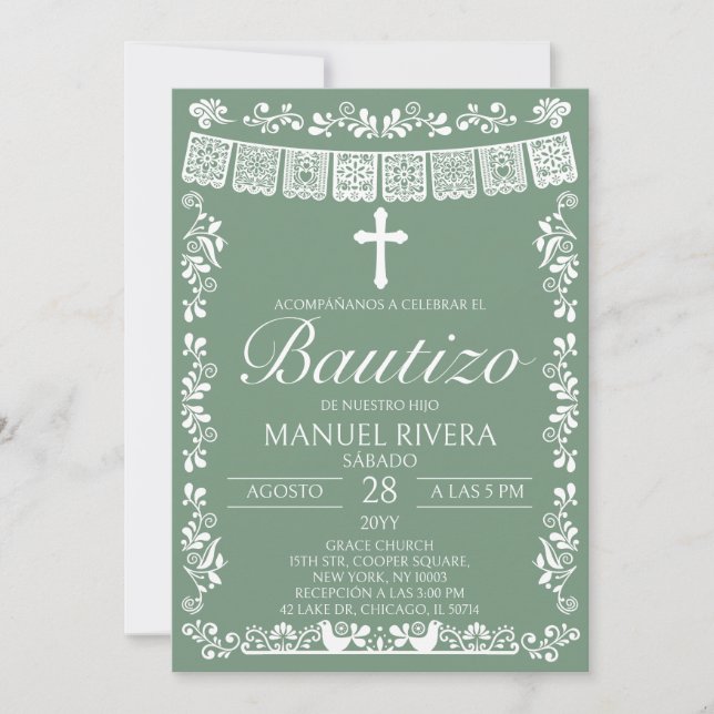 Convite Sage Green Papel Picado Bautizo Espanhol (Frente)
