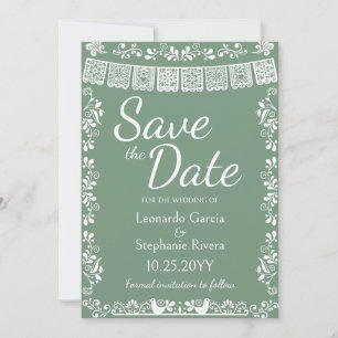 Convite Sage Green Papel Picado Casamento Save the Date
