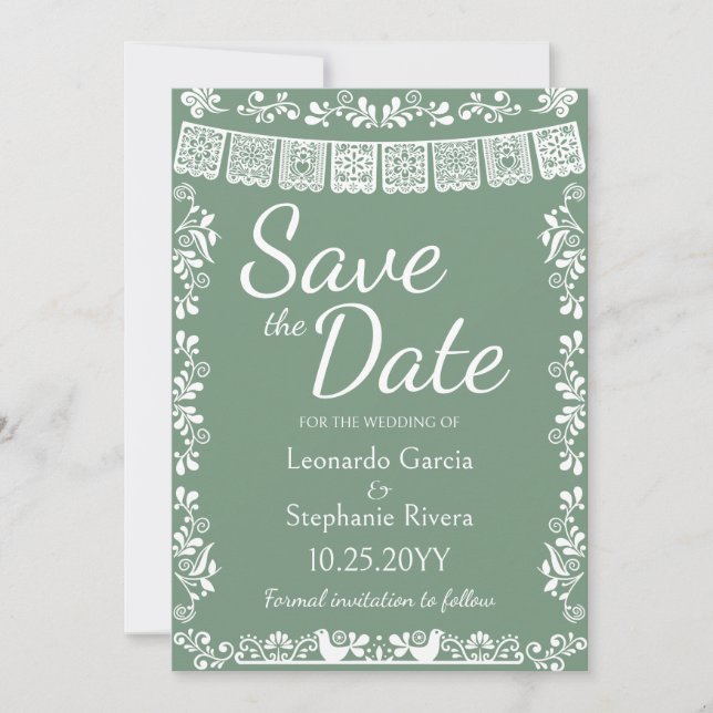 Convite Sage Green Papel Picado Casamento Save the Date (Frente)