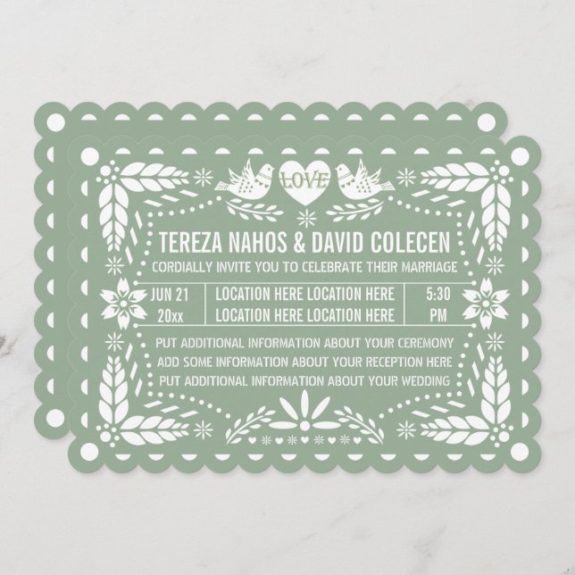 Convite Sage green papel picado love bird fiesta casamento (Frente/Verso)