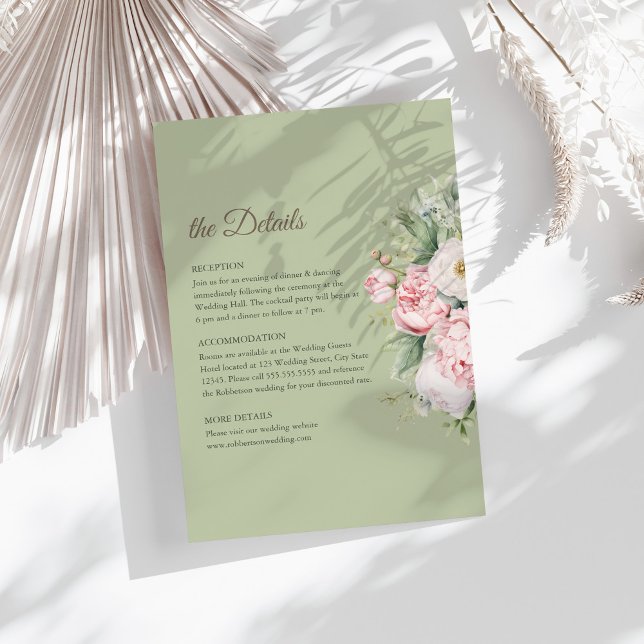 Convite Sage Green Peony Floral Wedding Details Card (Sage Green Peony Floral Wedding Details Card on a sunny table with dry white botanicals)