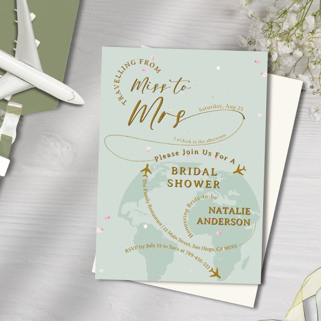 Convite Sage Green Petals viajando para Sra. Chá de panela (Sage Green Petals Travelling to Mrs Bridal Shower Invitation)