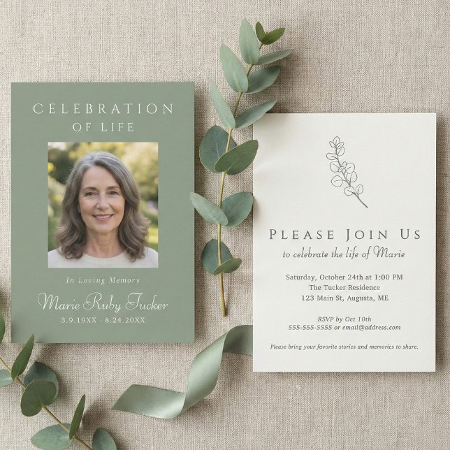 Convite Sage Green Photo Celebration of Life Invitation (Sage Green Botanical Custom Photo Celebration of Life Invitation)