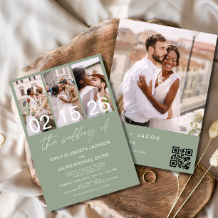Convite Sage Green Photo Código QR de Casamento Minimalist