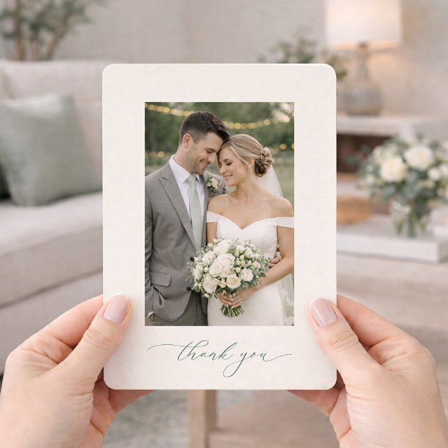 Convite Sage Green Photo Wedding Thank You Card  (Criador carregado)