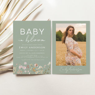 Convite Sage Green Photo Wildflower Baby in Bloom Chá
