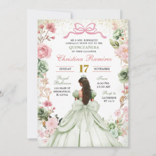 Convite Sage Green Pink Coquette Arco Princesa Quinceanera