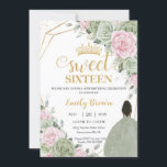 Convite Sage Green Pink Floral Brown Girl Sweet 16<br><div class="desc">Este doce convite de 16 anos de aniversário apresenta uma imagem geométrica brilhante prateada adornada pela delicada cor d'água verde, cor rosa pálida floral, verde de sábio macio e uma menina marrom em um lindo vestido verde sábio. Personalize-o com seus detalhes de forma fácil e rápida, basta pressionar o botão...</div>
