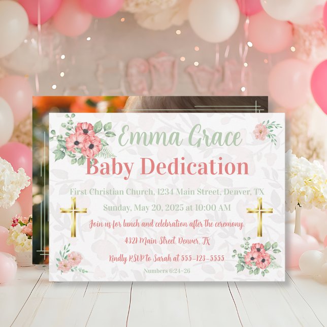 Convite Sage Green & Pink Floral Photo Baby Dedication  (Criador carregado)