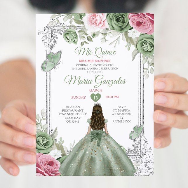 Convite Sage Green Pink Mis Quince 15 Anos Crown (Criador carregado)