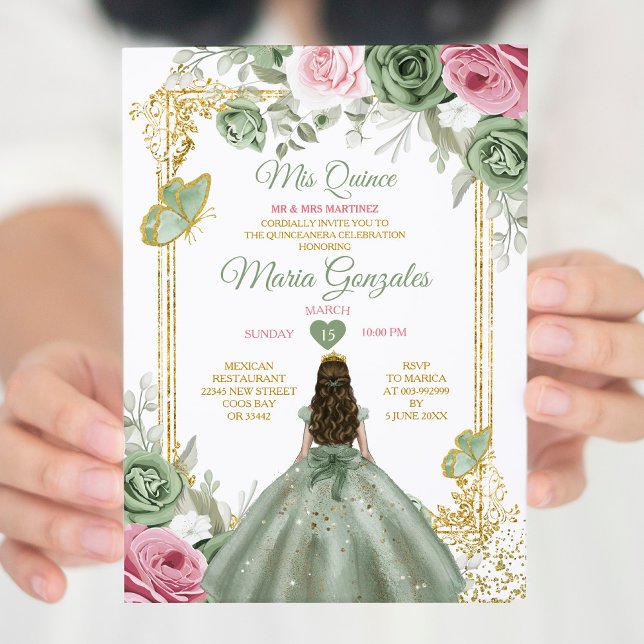 Convite Sage Green Pink Mis Quince 15 Anos Crown (Criador carregado)