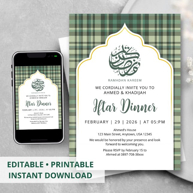 Convite Sage Green Plaid Pattern Ramadan Iftar Invitation (Criador carregado)