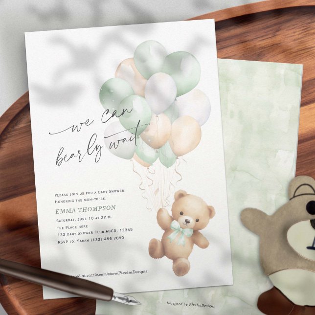 Convite Sage Green, podemos esperar chá de fraldas neutro (Sage Green We Can Bearly Wait, Cute Teddy Bear Gender Neutral Baby Shower Invitation.)