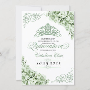 Convite Sage Green Princess Crown Quinceanera Aniversário