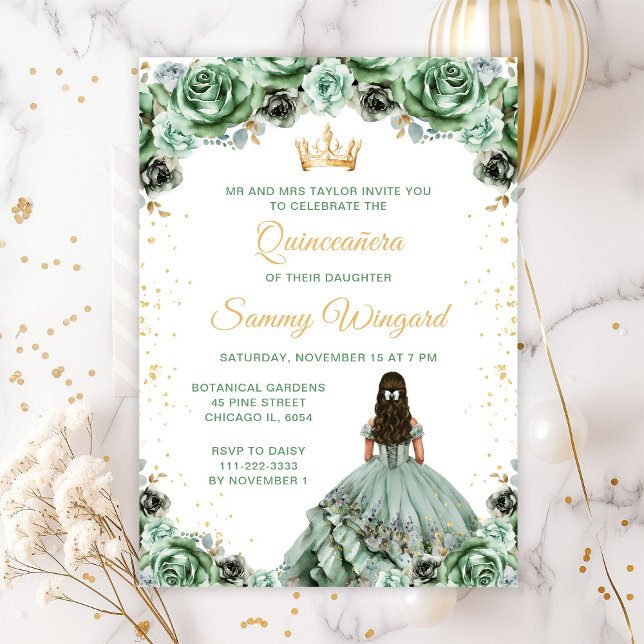 Convite Sage Green Princess Floral Quinceañera (Criador carregado)