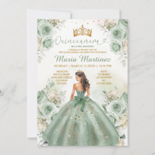 Convite Sage Green Princess Vress Floral Dourada Quinceañe