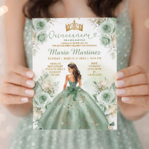 Convite Sage Green Princess Vress Floral Dourada Quinceañe