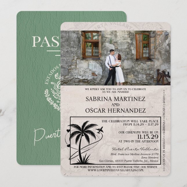 Convite Sage Green Puerta Vallarta Passaporte Casamento (Frente/Verso)