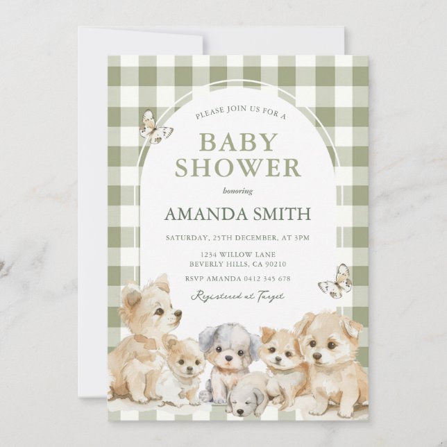 Convite Sage Green Puppy Dog Boy Baby Shower  (Frente)