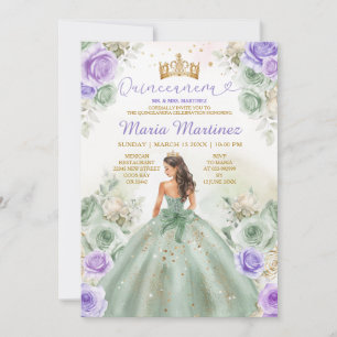 Convite Sage Green & Purple Flowers Princesa Quinceañera