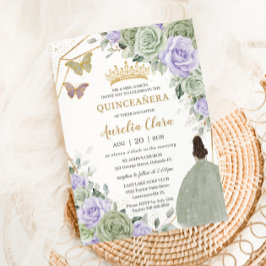 Convite Sage Green Purple Lavanda Floral Dourada Quinceañe