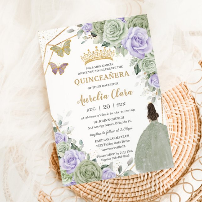 Convite Sage Green Purple Lavanda Floral Dourada Quinceañe (sage-green-lavender-purple-floral-girl-doll-gown-dress-invitation-cards-gold-quinceanera-sweet-16)